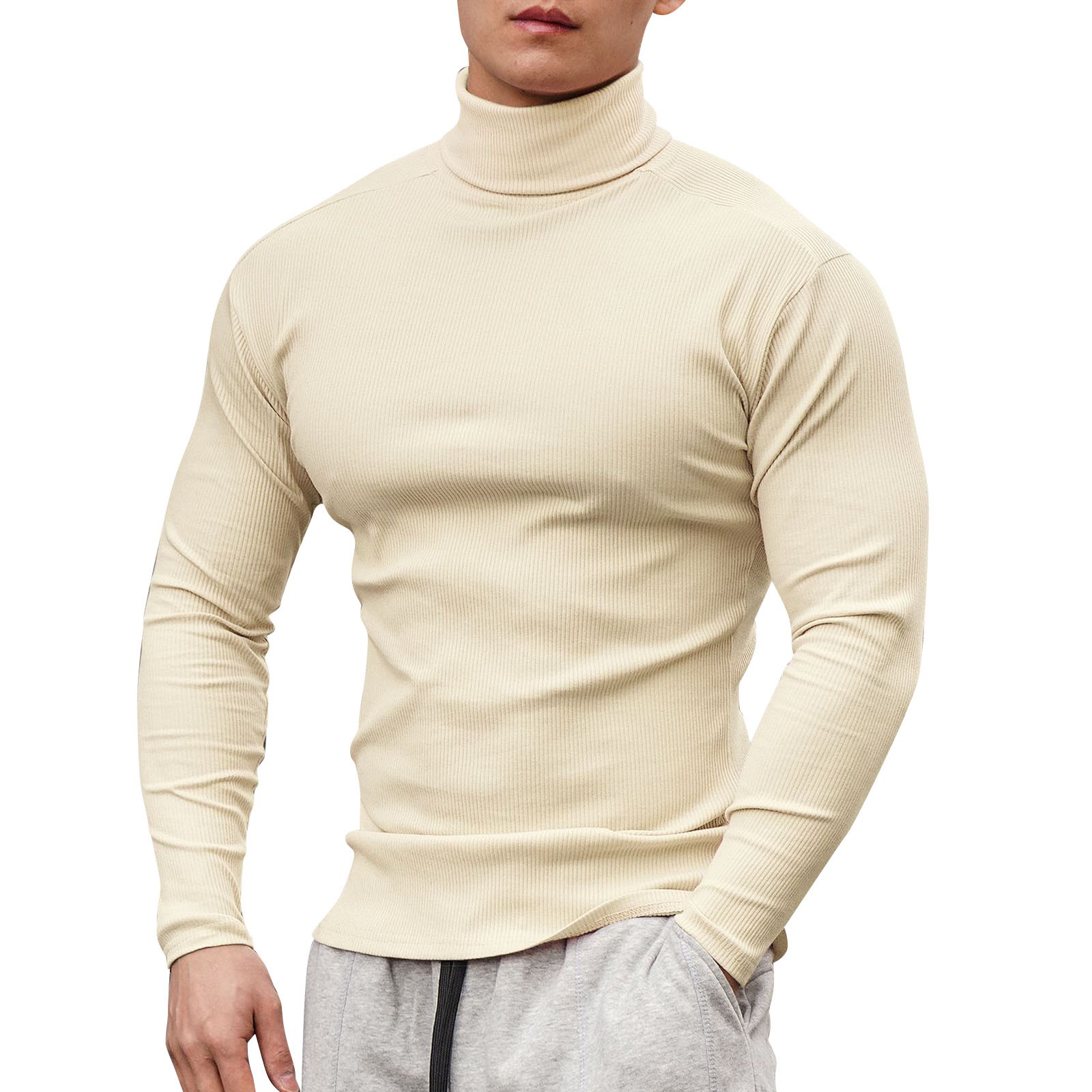 thumbnail image 1 of Camiseta de manga larga y cuello alto para hombre: color liso, corte ajustado, tejido elástico, para uso informal en primavera/verano., 1 of 7
